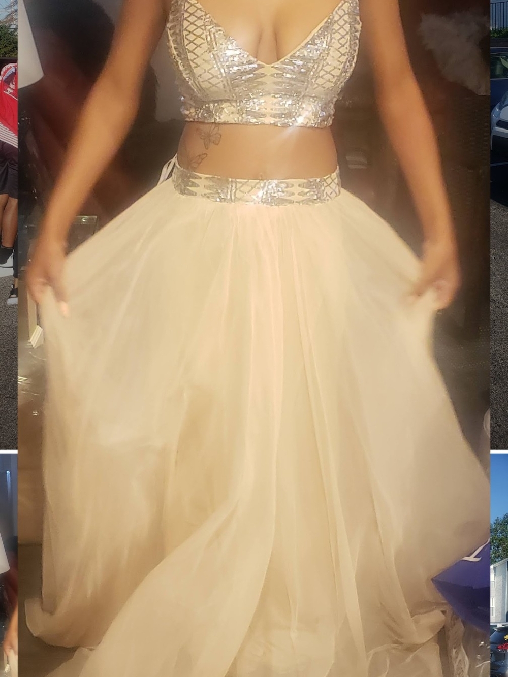 AKIRA Ivory Two-Piece Prom Dress with Silver Sequin Bodice